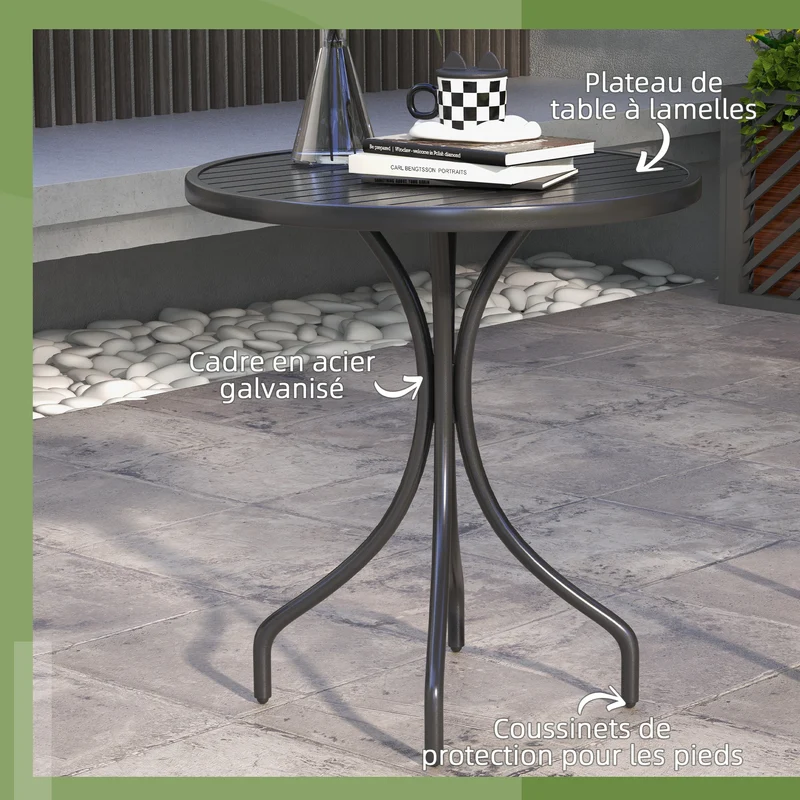 Table de jardin ronde 66 x 66 x 71.5 cm plateau à lattes séchage rapide contemporain tendance en acier galvanisé noir 21_0005203