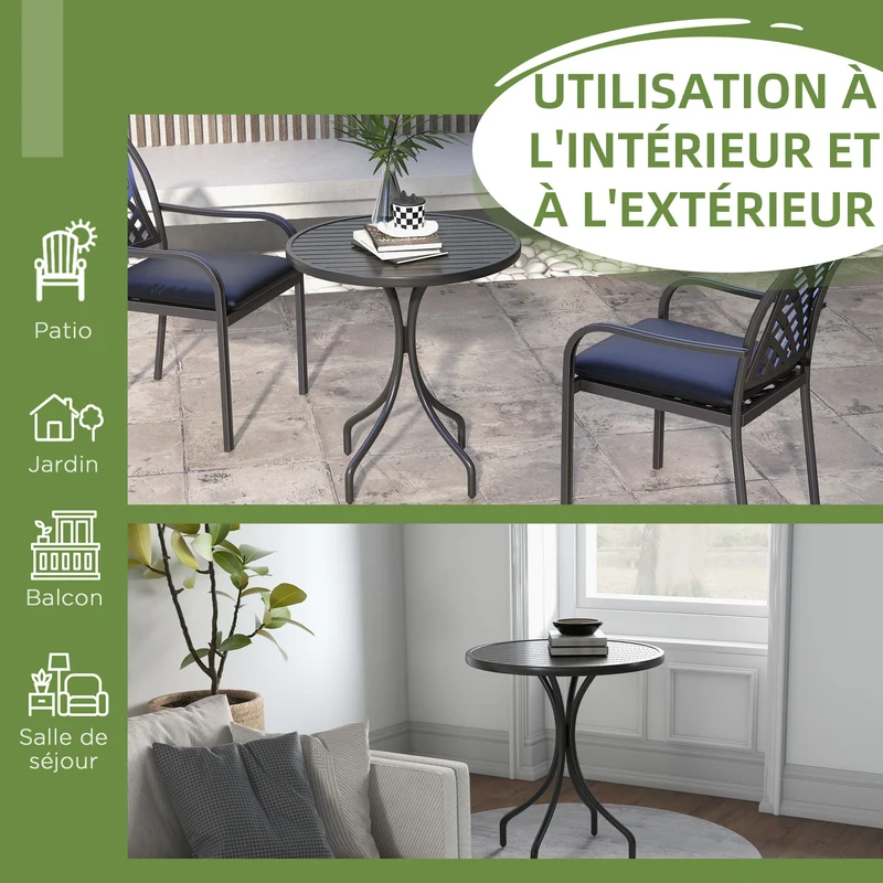 Table de jardin ronde 66 x 66 x 71.5 cm plateau à lattes séchage rapide contemporain tendance en acier galvanisé noir 21_0005203