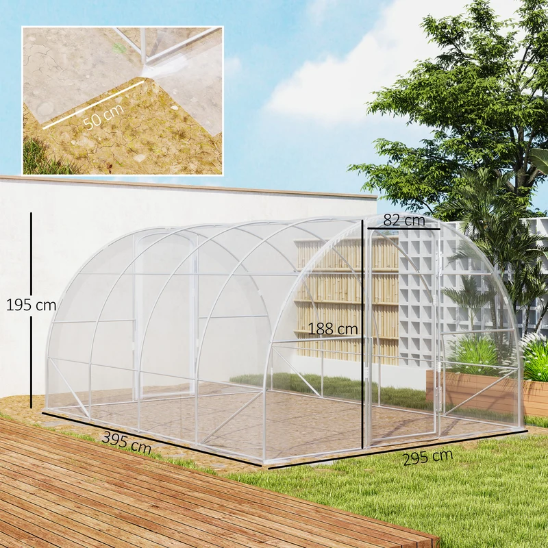 Serre tunnel jardin 395 x 295 x 195 cm protection UV aération optimisée coupe-vent moderne en polyéthylène transparent 21_0005403