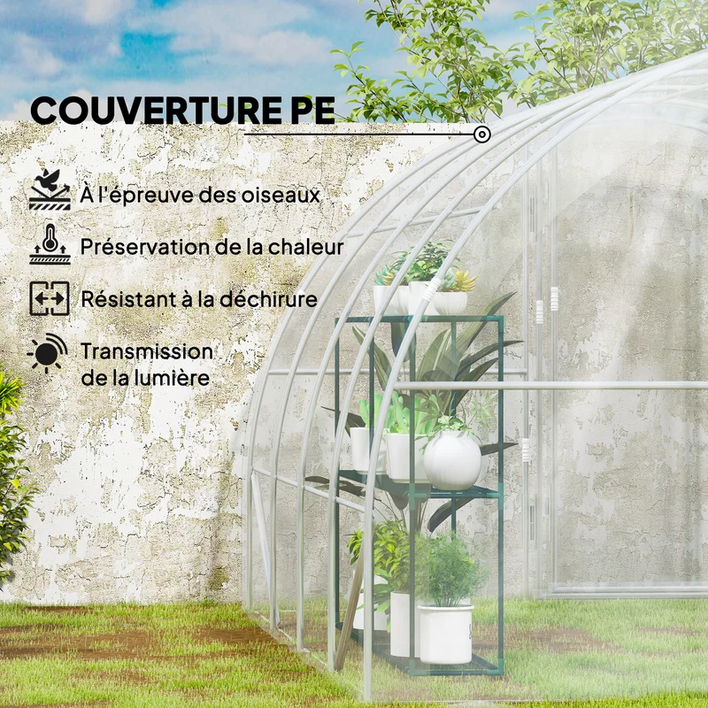 Serre tunnel jardin 395 x 295 x 195 cm protection UV aération optimisée coupe-vent moderne en polyéthylène transparent 21_0005403