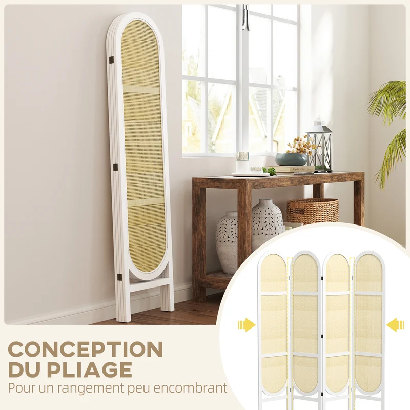 Paravent intérieur 4 panneaux pliable séparation 160 x 1,7 x 170 cm ultraléger motif tissé style scandinave en PP blanc 21_0001385