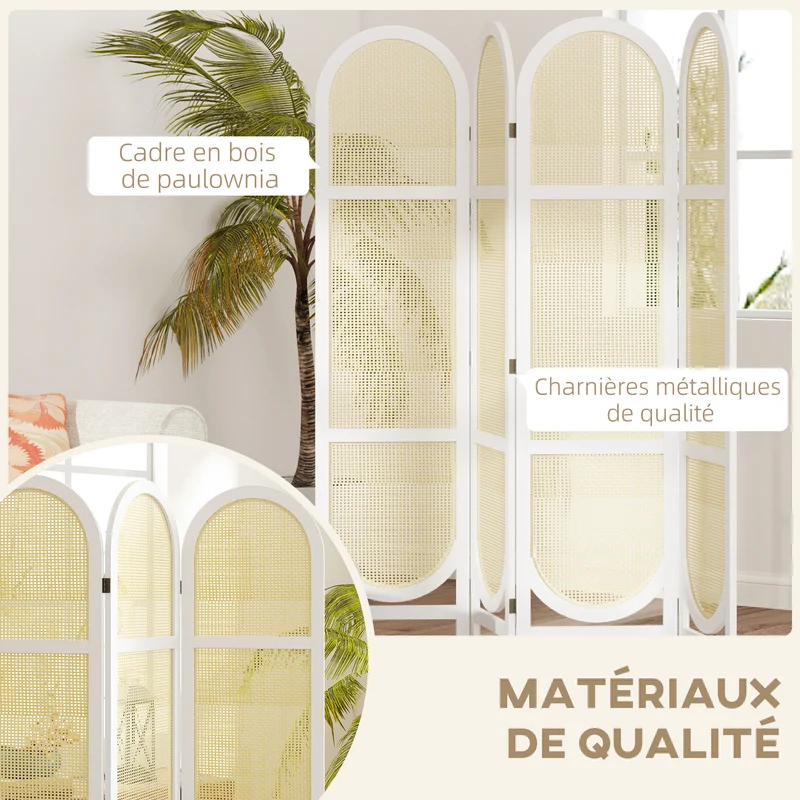 Paravent intérieur 4 panneaux pliable séparation 160 x 1,7 x 170 cm ultraléger motif tissé style scandinave en PP blanc 21_0001385