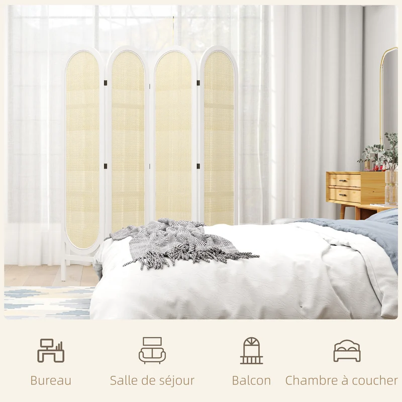 Paravent intérieur 4 panneaux pliable séparation 160 x 1,7 x 170 cm ultraléger motif tissé style scandinave en PP blanc 21_0001385