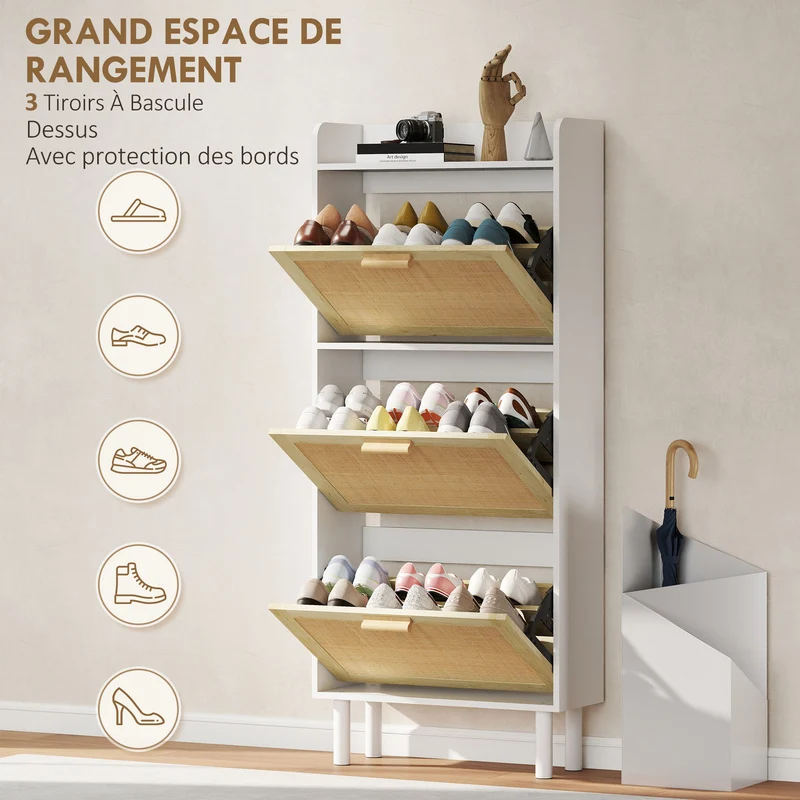Meuble à chaussures entrée 65 x 24,5 x 153 cm portes abattantes étagères plateau tendance en panneau de particules blanc 21_0002714