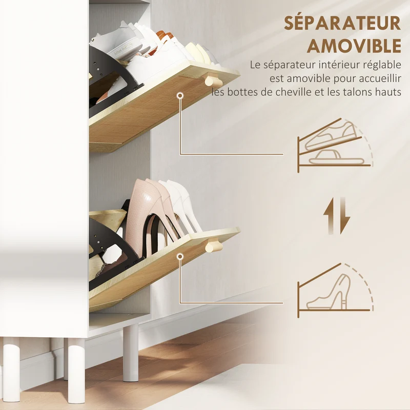 Meuble à chaussures entrée 65 x 24,5 x 153 cm portes abattantes étagères plateau tendance en panneau de particules blanc 21_0002714