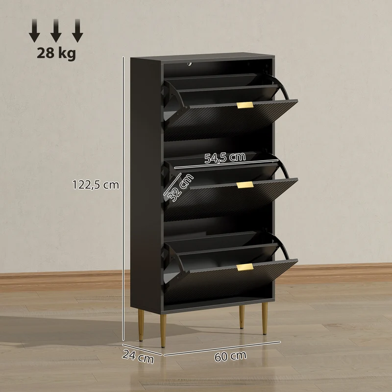 Meuble à chaussures d'entrée 60 x 24 x 122.5 cm étagères réglables anti-basculement 3 tiroirs moderne épuré en MDF noir 21_0002763