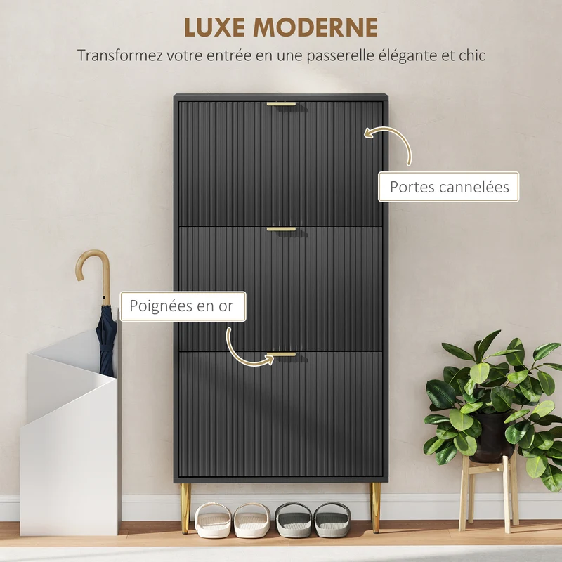 Meuble à chaussures d'entrée 60 x 24 x 122.5 cm étagères réglables anti-basculement 3 tiroirs moderne épuré en MDF noir 21_0002763