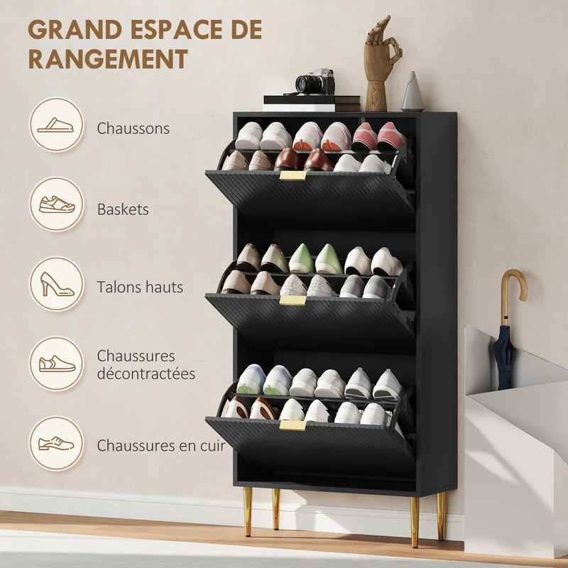 Meuble à chaussures d'entrée 60 x 24 x 122.5 cm étagères réglables anti-basculement 3 tiroirs moderne épuré en MDF noir 21_0002763