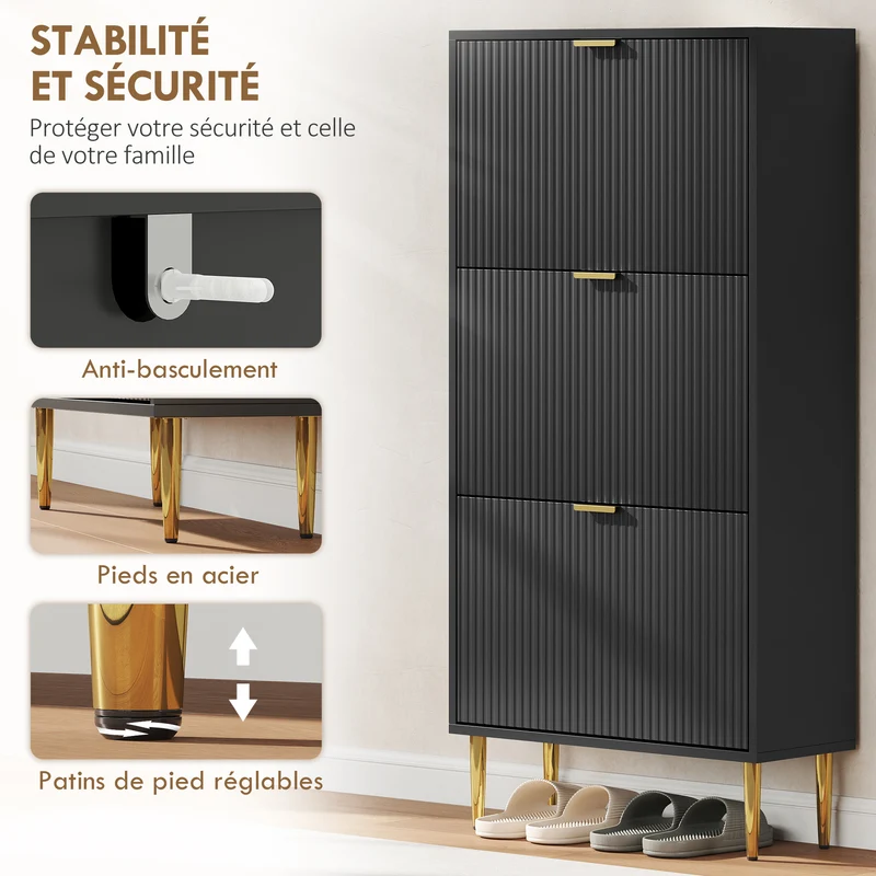 Meuble à chaussures d'entrée 60 x 24 x 122.5 cm étagères réglables anti-basculement 3 tiroirs moderne épuré en MDF noir 21_0002763