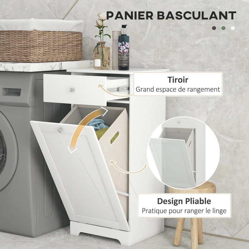 Meuble de salle de bain 40 x 40 x 90.5 cm panier à linge tiroir de rangement moderne en panneau de particules blanc 21_0002027