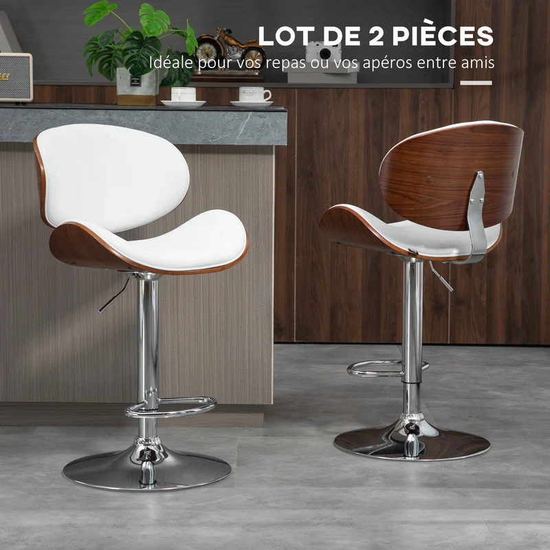 Lot de 2 tabourets de bar assise ergonomique mousse 53 x 52 x 92-112 cm réglable vintage en revêtement synthétique blanc 21_0002305