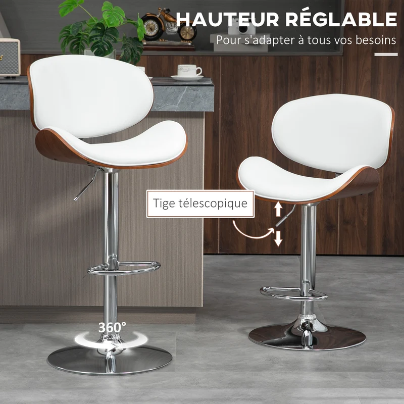Lot de 2 tabourets de bar assise ergonomique mousse 53 x 52 x 92-112 cm réglable vintage en revêtement synthétique blanc 21_0002305