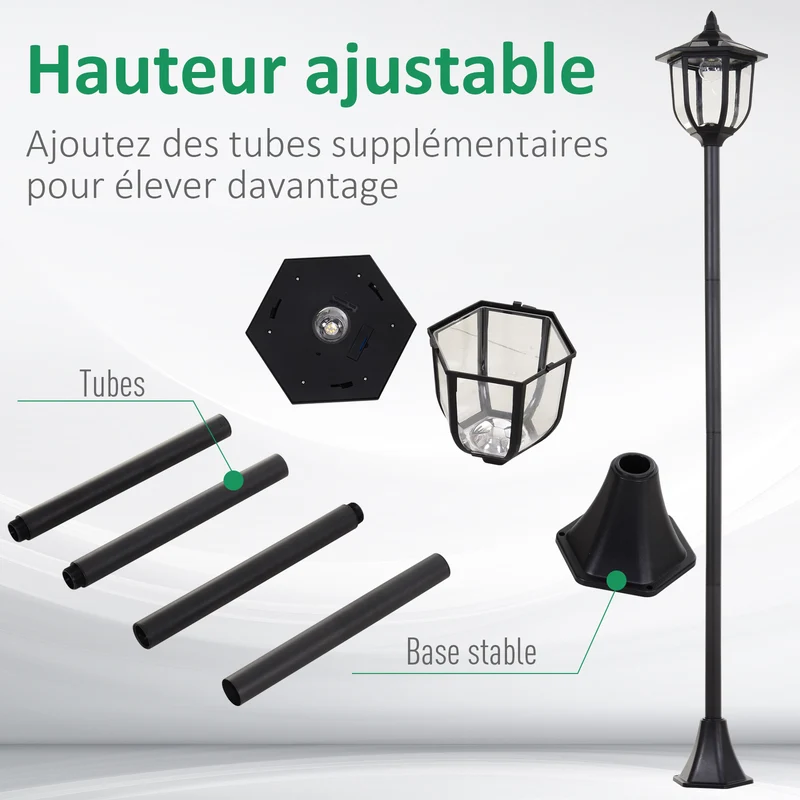 Lot de 2 lampadaire solaire extérieur 26,5 x 177 cm éclairage automatique détecteur de luminosité classique en PP noir 21_0007001