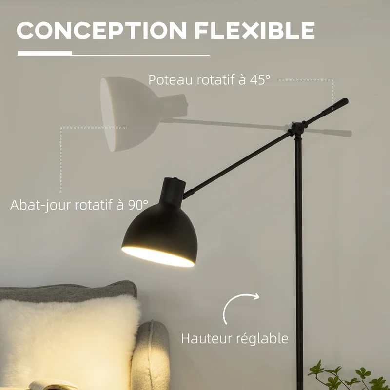 Lampadaire sur pied salon 30 x 30 x 131-155 cm hauteur réglable bras orientable industriel contemporain en acier noir 21_0007021