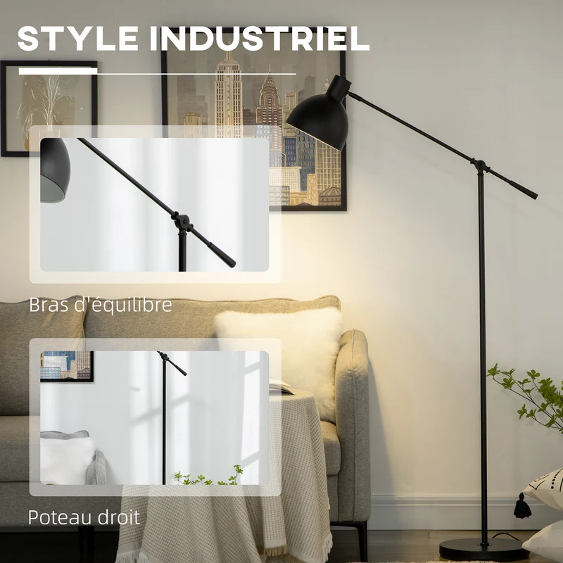 Lampadaire sur pied salon 30 x 30 x 131-155 cm hauteur réglable bras orientable industriel contemporain en acier noir 21_0007021