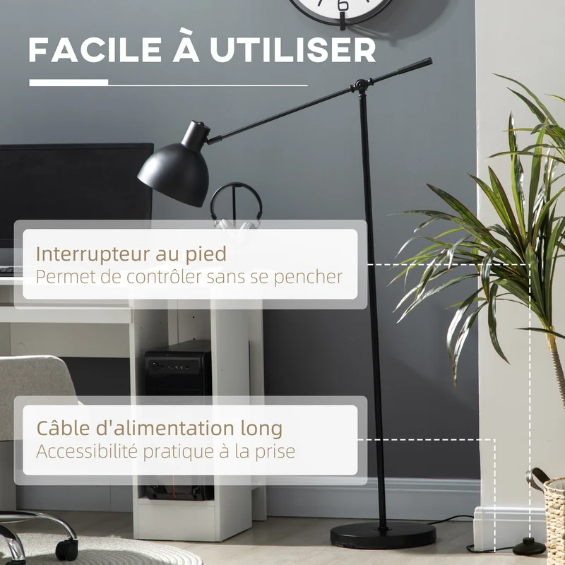 Lampadaire sur pied salon 30 x 30 x 131-155 cm hauteur réglable bras orientable industriel contemporain en acier noir 21_0007021