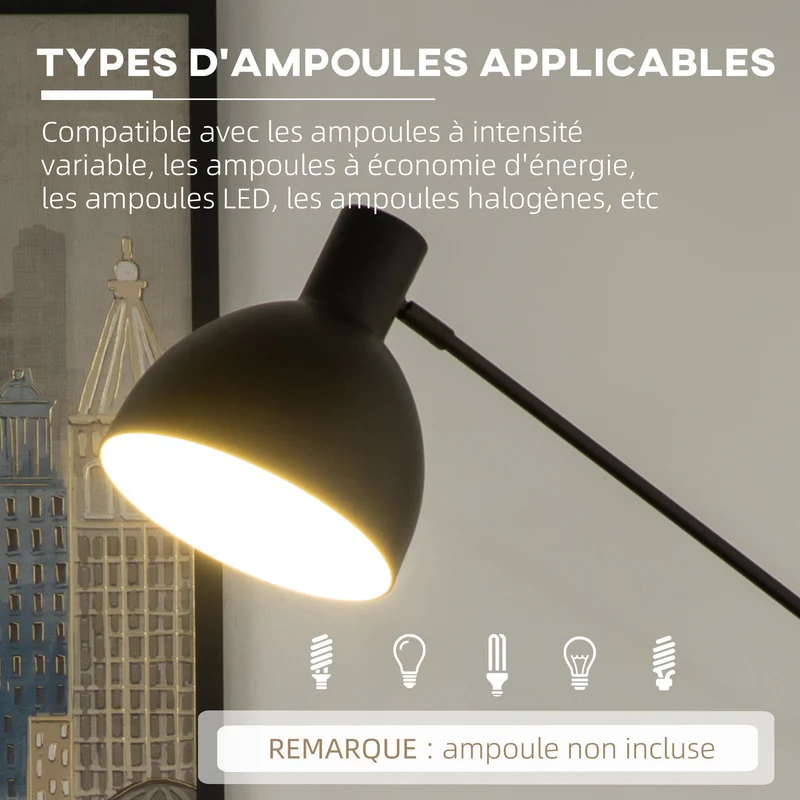 Lampadaire sur pied salon 30 x 30 x 131-155 cm hauteur réglable bras orientable industriel contemporain en acier noir 21_0007021