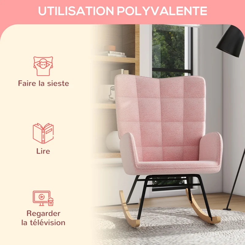 Fauteuil à bascule chambre 71 x 98 x 101 cm confort rembourré mouvement de bascule doux scandinave en polyester rose 21_0003102