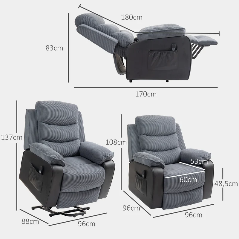 Fauteuil releveur électrique 96 x 96 x 108 cm port usb et aide au lever contemporain cosy en velours côtelé gris foncé 21_0000911