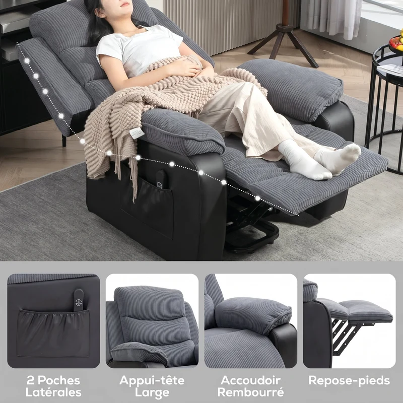 Fauteuil releveur électrique 96 x 96 x 108 cm port usb et aide au lever contemporain cosy en velours côtelé gris foncé 21_0000911