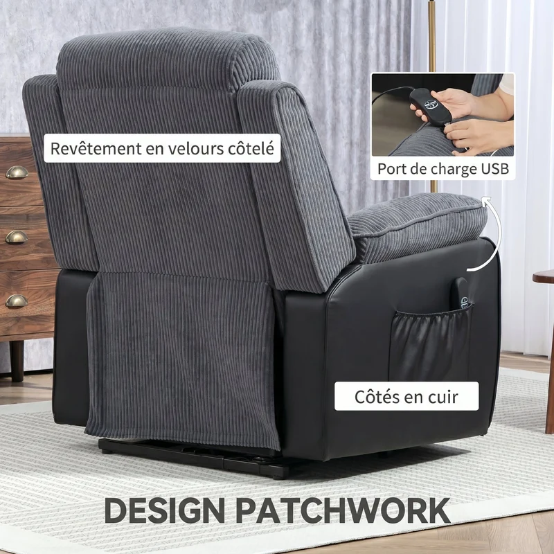 Fauteuil releveur électrique 96 x 96 x 108 cm port usb et aide au lever contemporain cosy en velours côtelé gris foncé 21_0000911