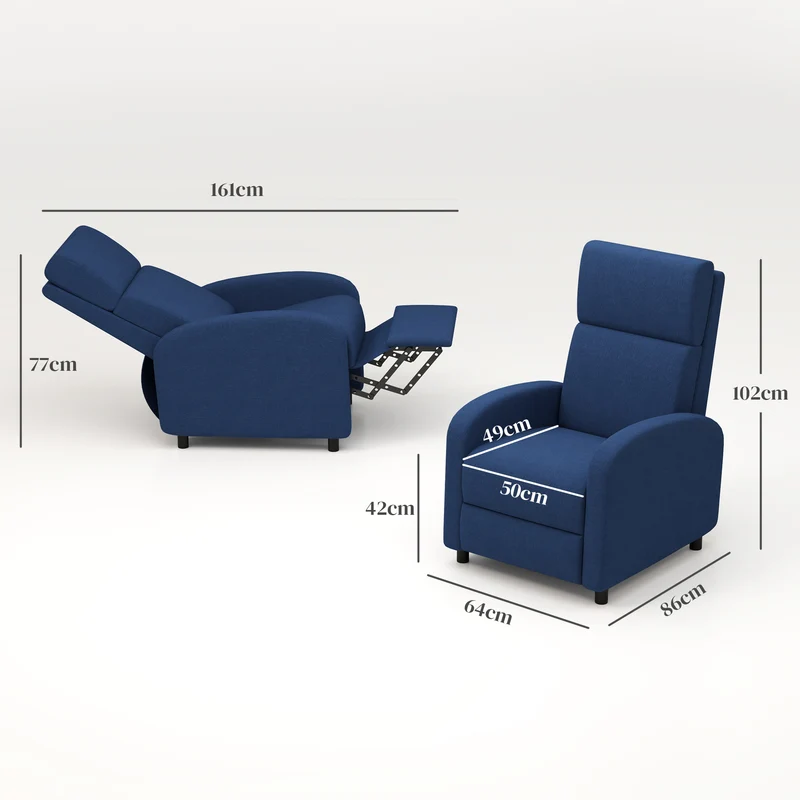 Fauteuil inclinable salon 64 x 86 x 102 cm repose-pieds intégré dossier 160° moderne contemporain zen en polyester bleu 21_0003130