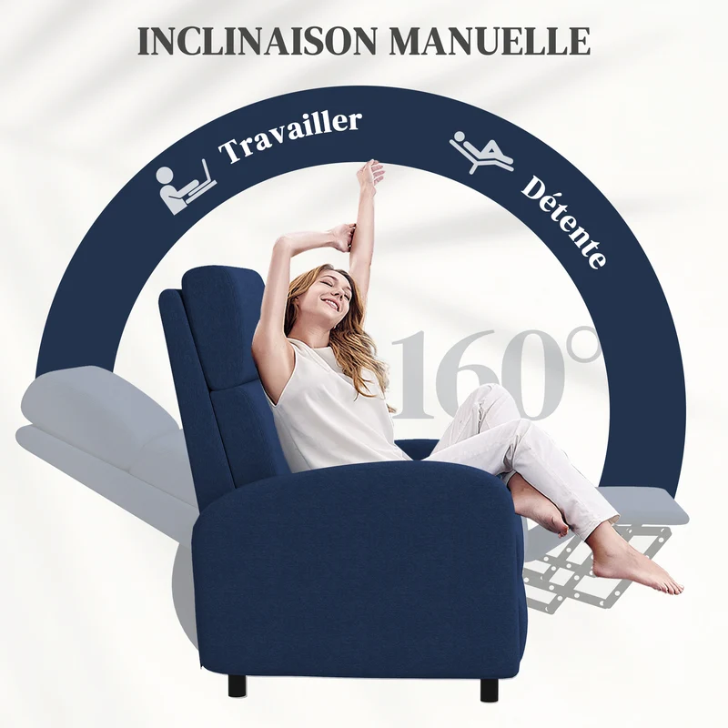 Fauteuil inclinable salon 64 x 86 x 102 cm repose-pieds intégré dossier 160° moderne contemporain zen en polyester bleu 21_0003130