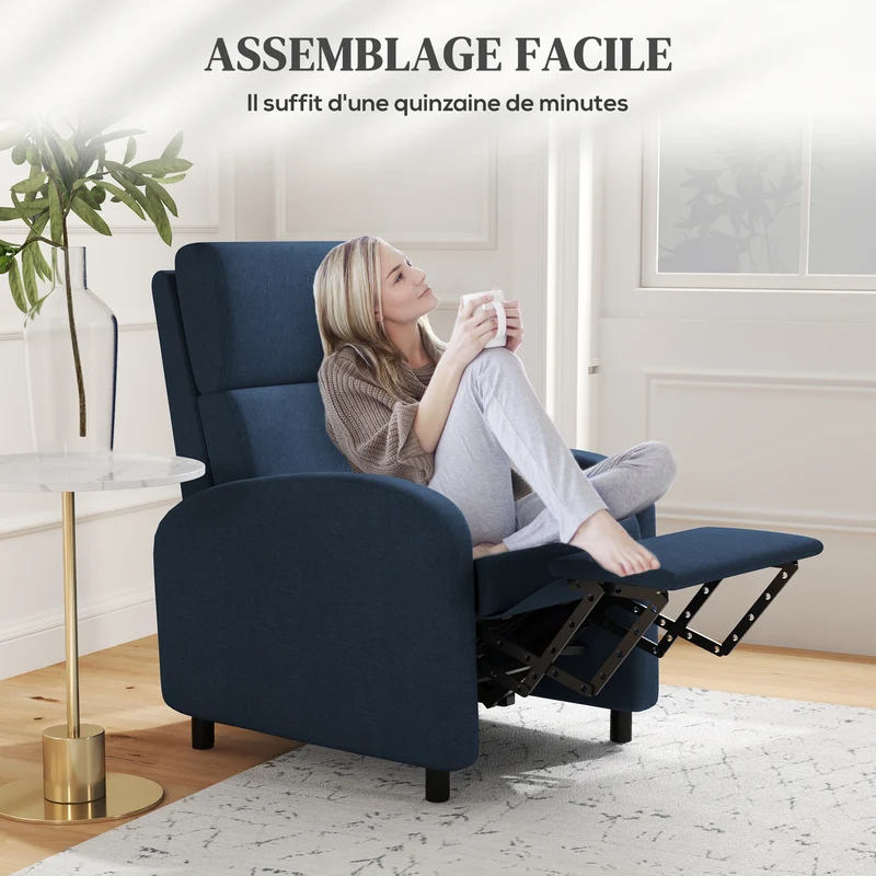 Fauteuil inclinable salon 64 x 86 x 102 cm repose-pieds intégré dossier 160° moderne contemporain zen en polyester bleu 21_0003130