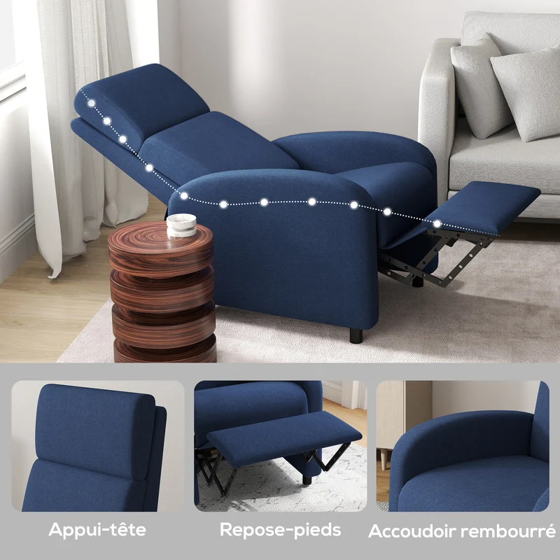Fauteuil inclinable salon 64 x 86 x 102 cm repose-pieds intégré dossier 160° moderne contemporain zen en polyester bleu 21_0003130