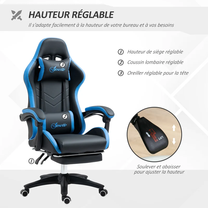 Fauteuil de jeu ergonomique 65 x 65 x 121-129 cm dossier inclinable 135° avec repose-pieds design en polyuréthane noir 21_0006227