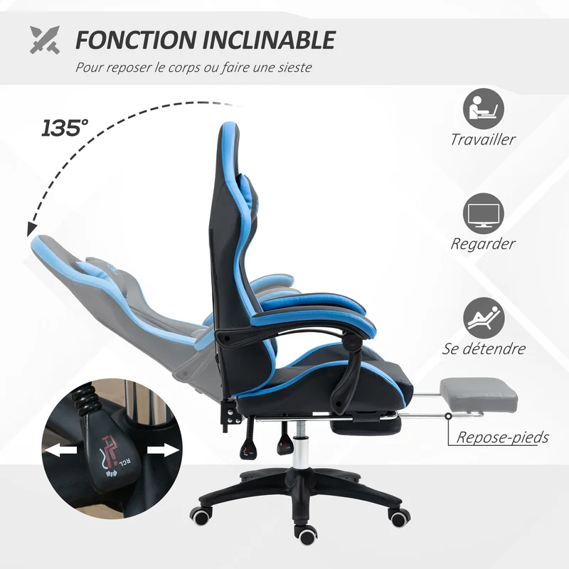 Fauteuil de jeu ergonomique 65 x 65 x 121-129 cm dossier inclinable 135° avec repose-pieds design en polyuréthane noir 21_0006227