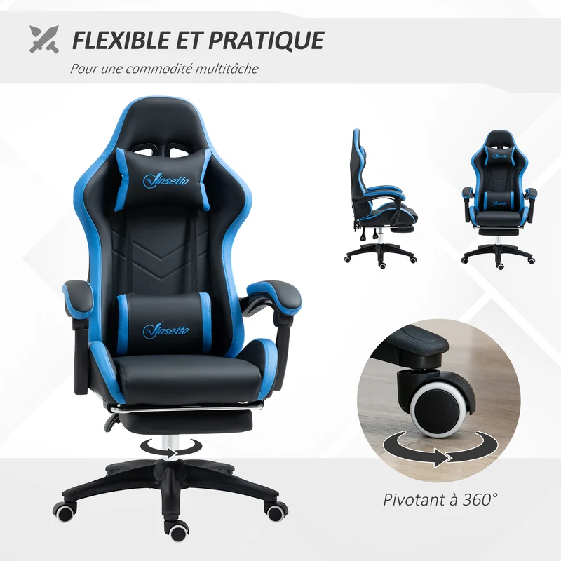 Fauteuil de jeu ergonomique 65 x 65 x 121-129 cm dossier inclinable 135° avec repose-pieds design en polyuréthane noir 21_0006227