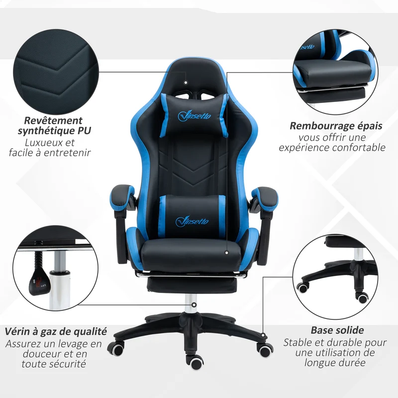 Fauteuil de jeu ergonomique 65 x 65 x 121-129 cm dossier inclinable 135° avec repose-pieds design en polyuréthane noir 21_0006227
