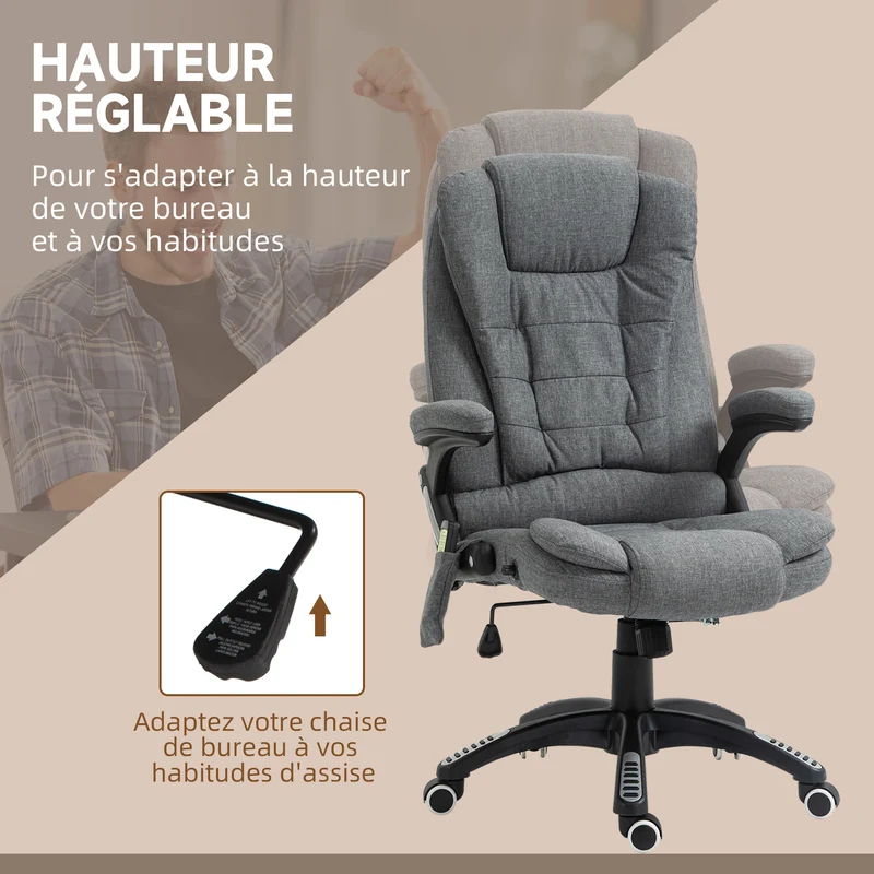 Fauteuil de bureau ergonomique massant chauffant 68 x 72 x 110 cm siège pivotant incliné contemporain en polyester gris 21_0006154