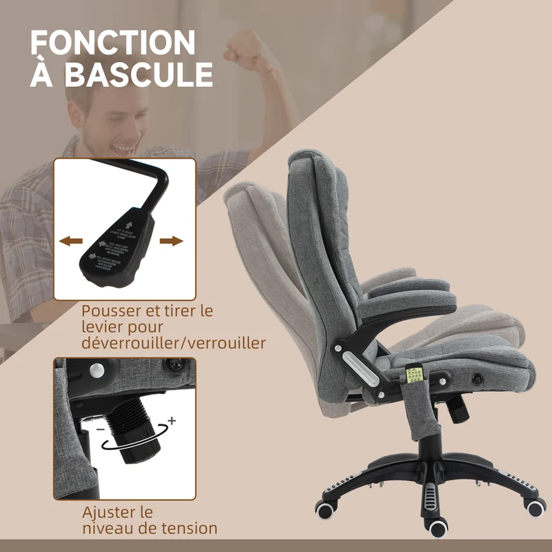 Fauteuil de bureau ergonomique massant chauffant 68 x 72 x 110 cm siège pivotant incliné contemporain en polyester gris 21_0006154