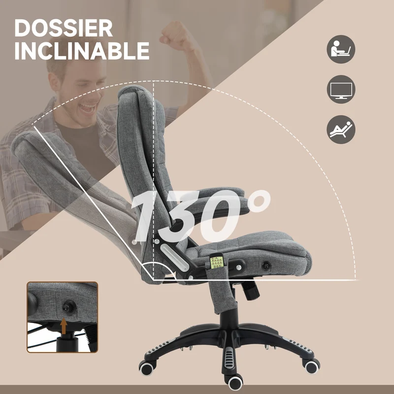 Fauteuil de bureau ergonomique massant chauffant 68 x 72 x 110 cm siège pivotant incliné contemporain en polyester gris 21_0006154