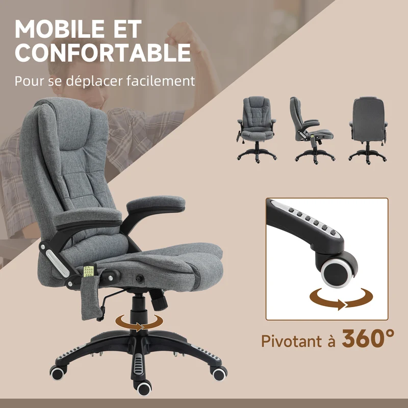 Fauteuil de bureau ergonomique massant chauffant 68 x 72 x 110 cm siège pivotant incliné contemporain en polyester gris 21_0006154