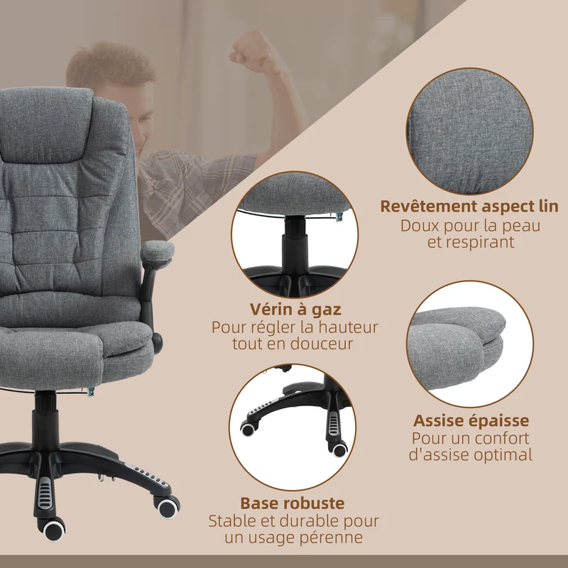 Fauteuil de bureau ergonomique massant chauffant 68 x 72 x 110 cm siège pivotant incliné contemporain en polyester gris 21_0006154
