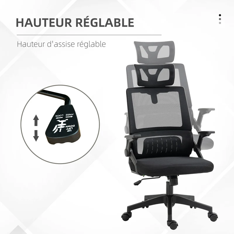Fauteuil de bureau dossier inclinable réglable 60 x 61 x 104.5-121.5 cm assise mousse moderne en maille polyester noir 21_0006247