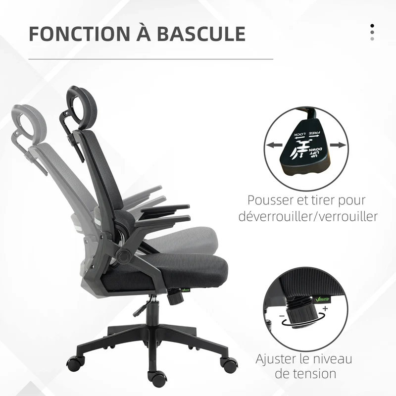 Fauteuil de bureau dossier inclinable réglable 60 x 61 x 104.5-121.5 cm assise mousse moderne en maille polyester noir 21_0006247