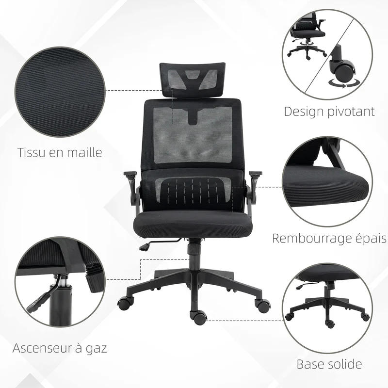 Fauteuil de bureau dossier inclinable réglable 60 x 61 x 104.5-121.5 cm assise mousse moderne en maille polyester noir 21_0006247