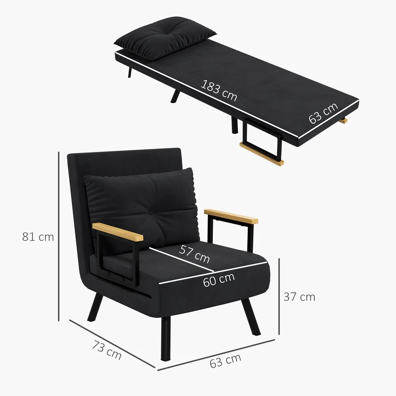 Fauteuil convertible 1 place lit d'appoint 63 x 73 x 81 cm dossier inclinable 5 positions moderne douillet en tissu noir 21_0003133