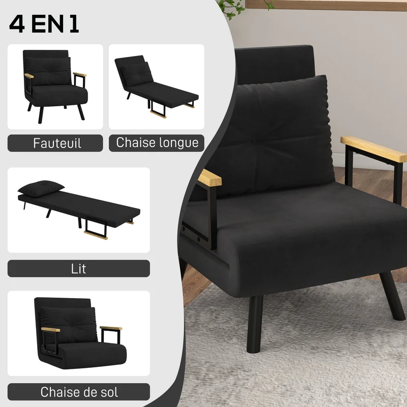 Fauteuil convertible 1 place lit d'appoint 63 x 73 x 81 cm dossier inclinable 5 positions moderne douillet en tissu noir 21_0003133