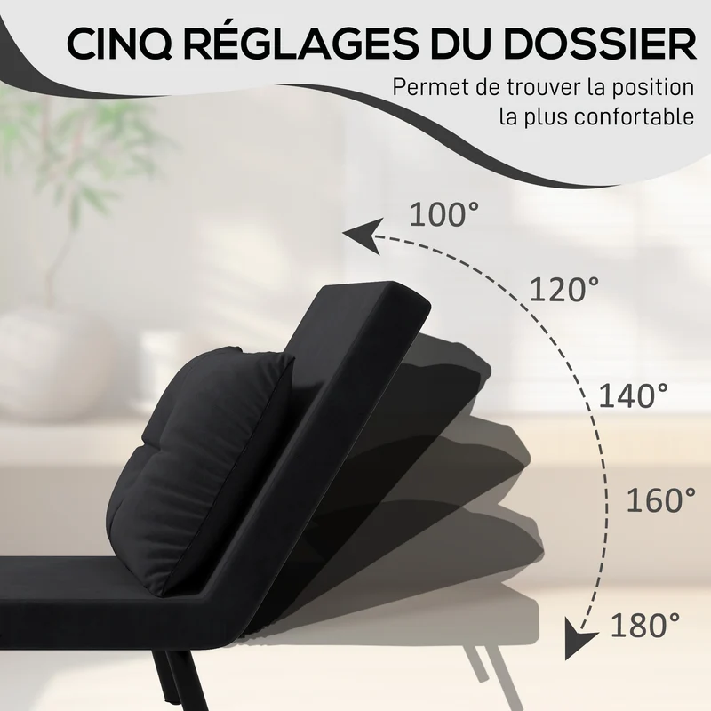 Fauteuil convertible 1 place lit d'appoint 63 x 73 x 81 cm dossier inclinable 5 positions moderne douillet en tissu noir 21_0003133