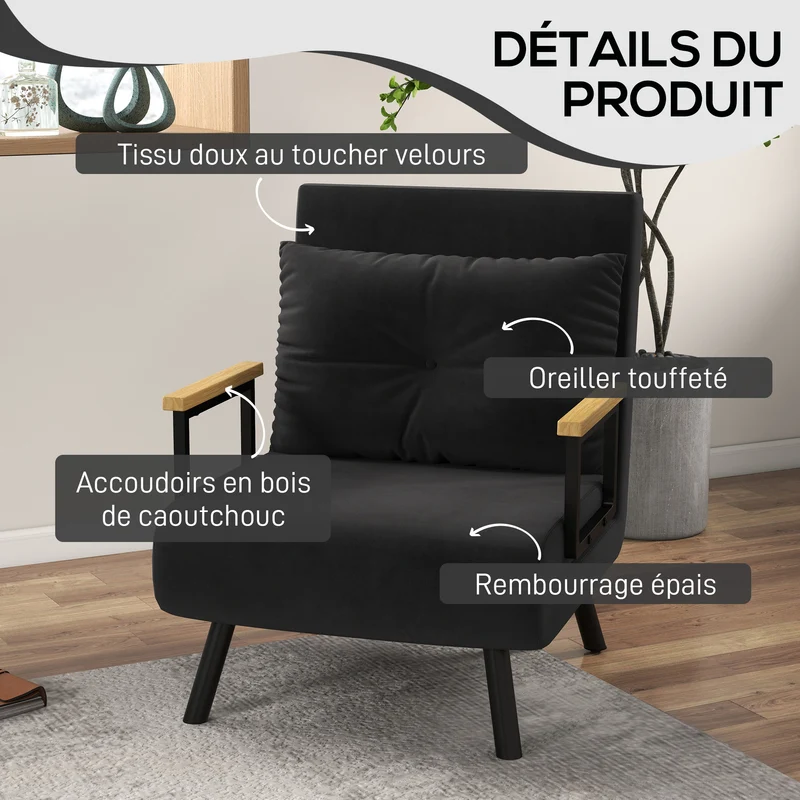 Fauteuil convertible 1 place lit d'appoint 63 x 73 x 81 cm dossier inclinable 5 positions moderne douillet en tissu noir 21_0003133