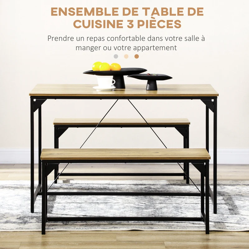 Ensemble table à manger et 2 bancs 120 x 70 x 75 cm bancs encastrables style industriel en panneau de particules naturel 21_0002354