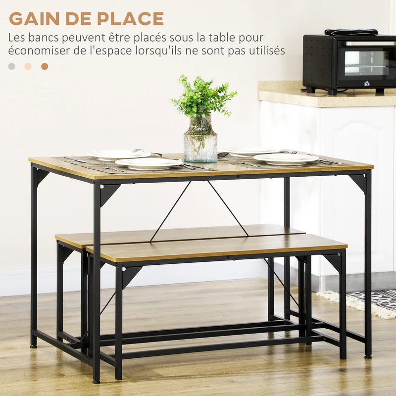 Ensemble table à manger et 2 bancs 120 x 70 x 75 cm bancs encastrables style industriel en panneau de particules naturel 21_0002354