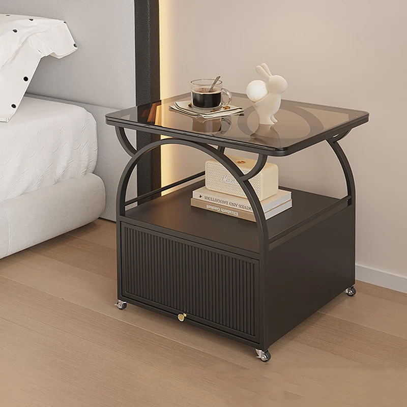 Modern Minimalist Rectangular Carbon Steel Tempered Glass Rock Slab Movable End Table 1-Cabinet For Living Room & Bedroom