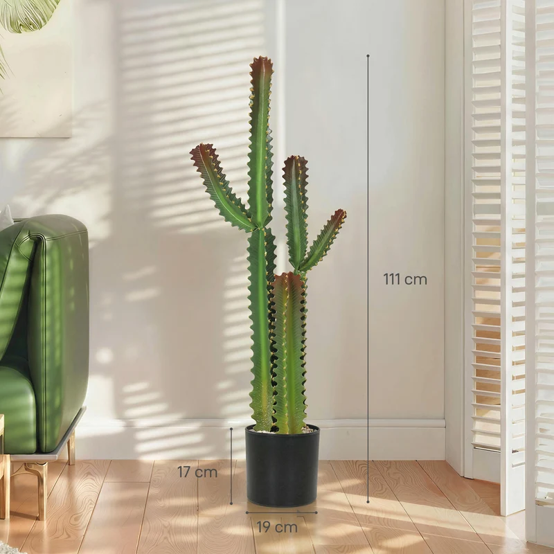 Cactus artificiel en pot salon bureau idéal prêt à poser 111 cm sans entretien design contemporain chaleureux en PP vert 21_0003720