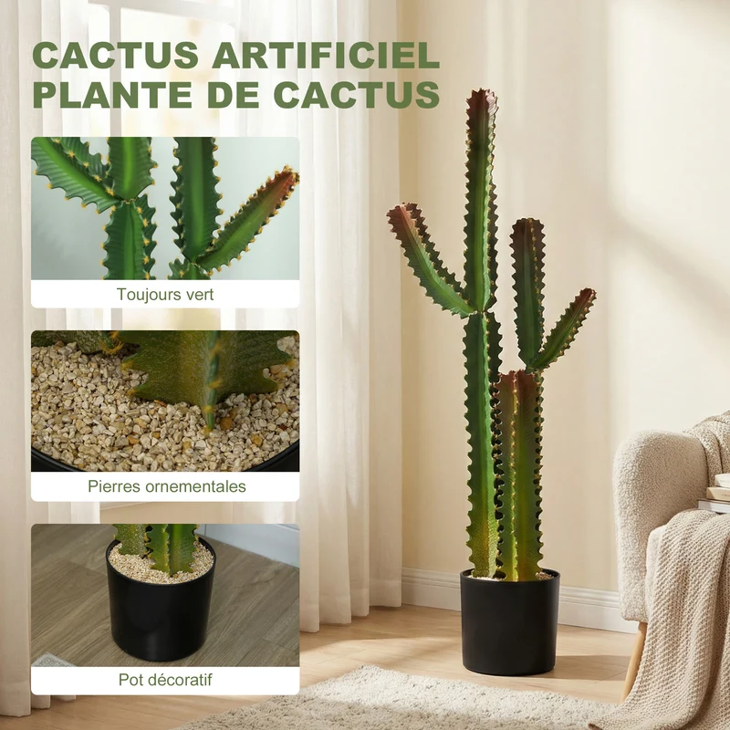 Cactus artificiel en pot salon bureau idéal prêt à poser 111 cm sans entretien design contemporain chaleureux en PP vert 21_0003720